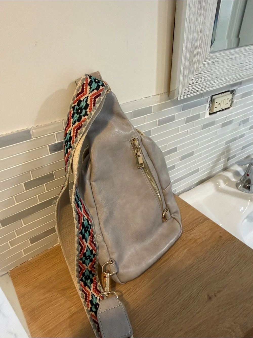 Altar'd State Taupe Crossbody with Multicolor Woven Strap